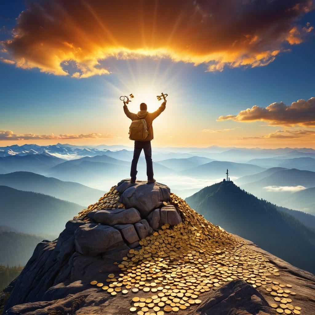 A powerful visual metaphor depicting a person standing triumphantly at the summit of a mountain, holding a key that unlocks a large treasure chest overflowing with gold coins and bills. The background should show a bright, clear sky symbolizing hope and new beginnings, while a winding path represents the journey from debt to wealth. Include elements of books and financial charts to signify literacy and knowledge. super-realistic. vibrant colors. inspirational mood.