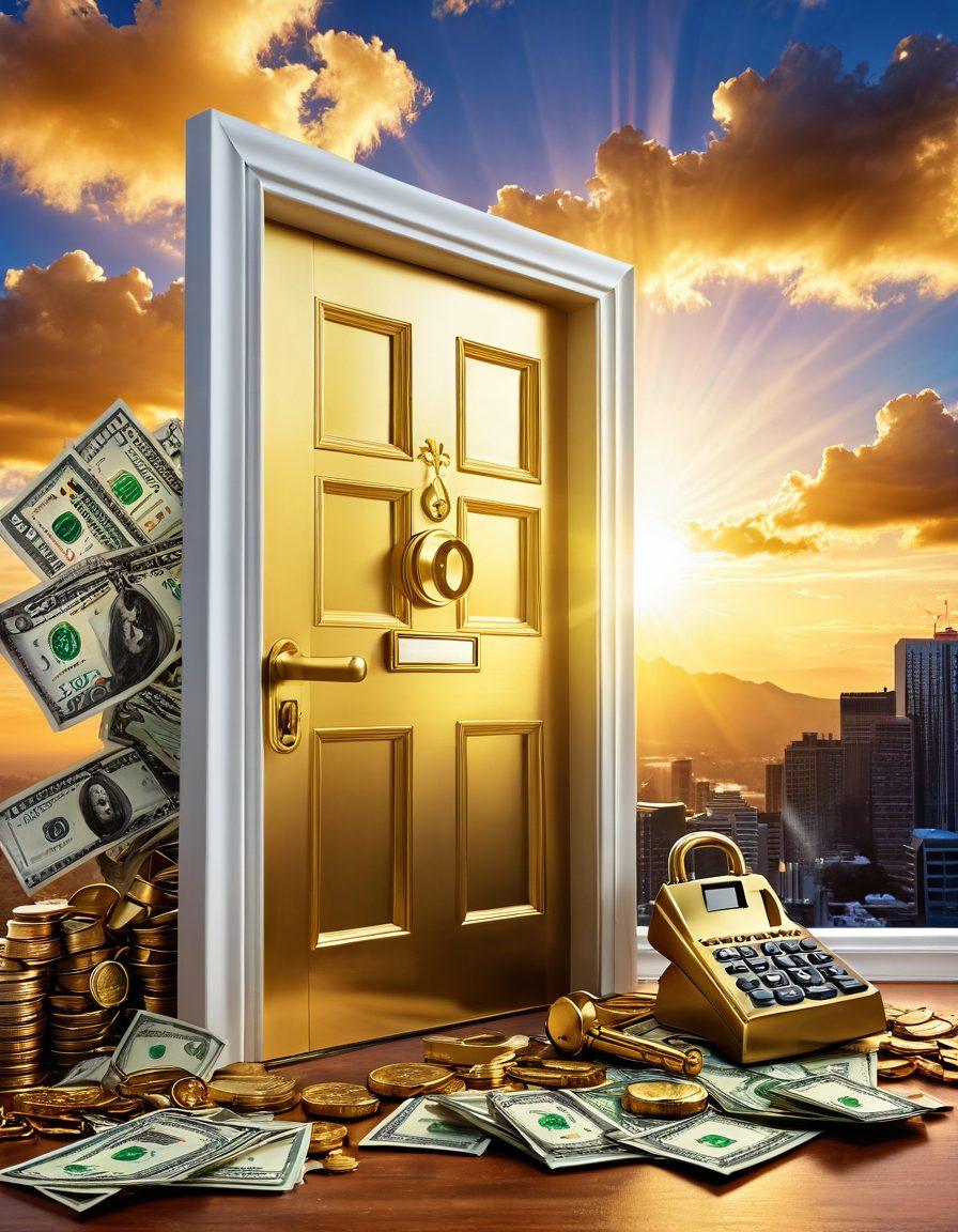 A key unlocking a golden door, representing financial freedom, surrounded by tools like a calculator, charts, and money stacks. In the background, a bright sky with a rising sun symbolizes hope and new beginnings. Include depth and detail to convey a sense of achievement and aspiration. super-realistic. vibrant colors. dynamic composition.