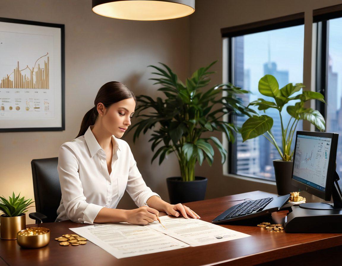 A serene scene depicting a confident individual reviewing financial documents at a sleek desk, surrounded by symbols of wealth like a growing plant, gold coins, and a digital screen showing upward trends. A cozy, modern room with warm lighting enhances the atmosphere of stability and success. super-realistic. vibrant colors. soft focus.